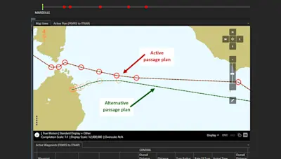 E-navigation showing an active passage plan and an alternative passage plan